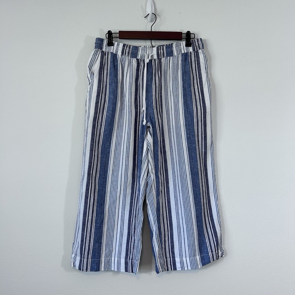 Beach Lunch Lounge Women's Medium Striped Linen‎ Blend Wide Leg Cropped Pants